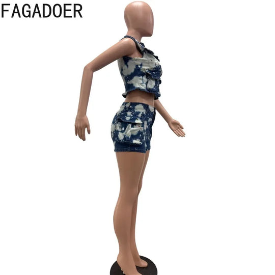 FAGADOER Fashion Printed Denim 2 Pieces Set for Woman Sleeveless Zip Cargo Pocket Jacket Patchwork Crop and Shorts Jeans Outfits