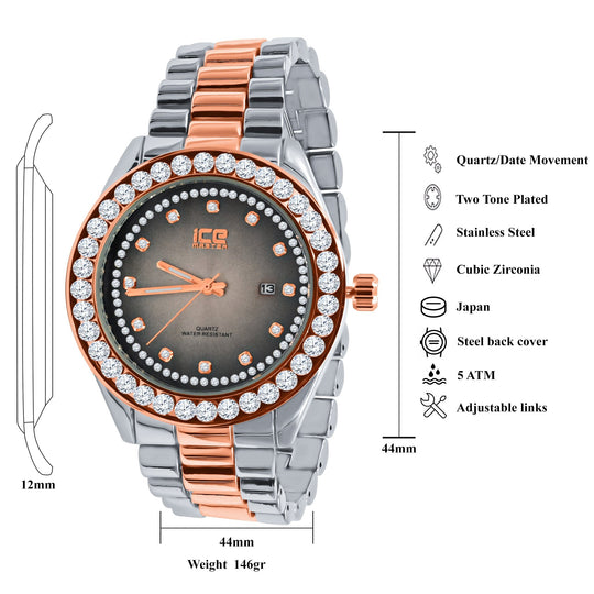 44mm CZ Iced Out Hip Hop Bling Watch Stainless Steel
