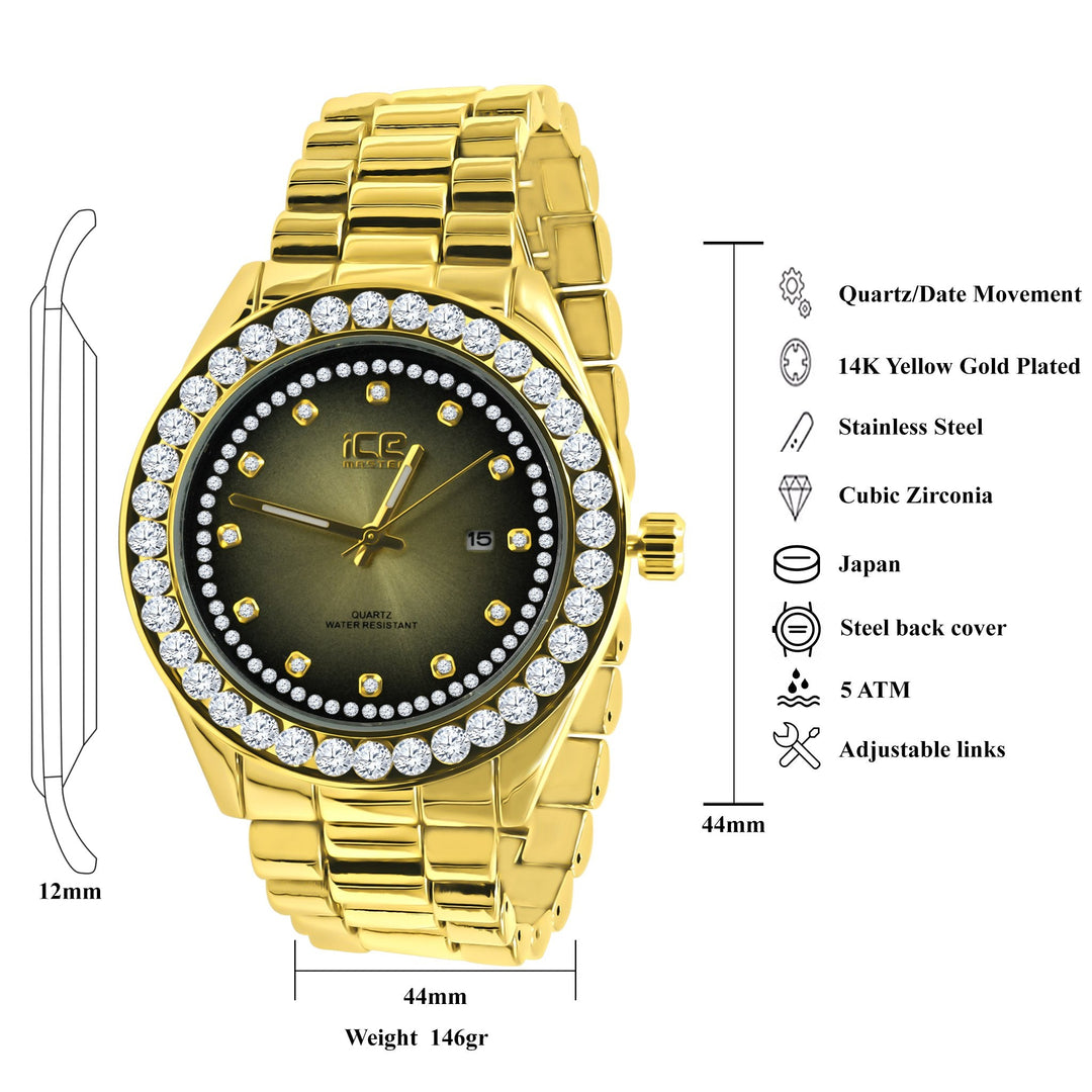 44MM CZ Iced Out Hip Hop Gold Alloy Quartz Watch Mens