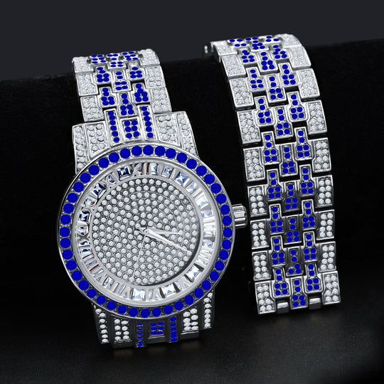 44mm Two Tone CZ Iced Out Watch And Bracelet Set Silver