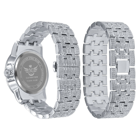 44mm Two Tone CZ Iced Out Watch And Bracelet Set Silver