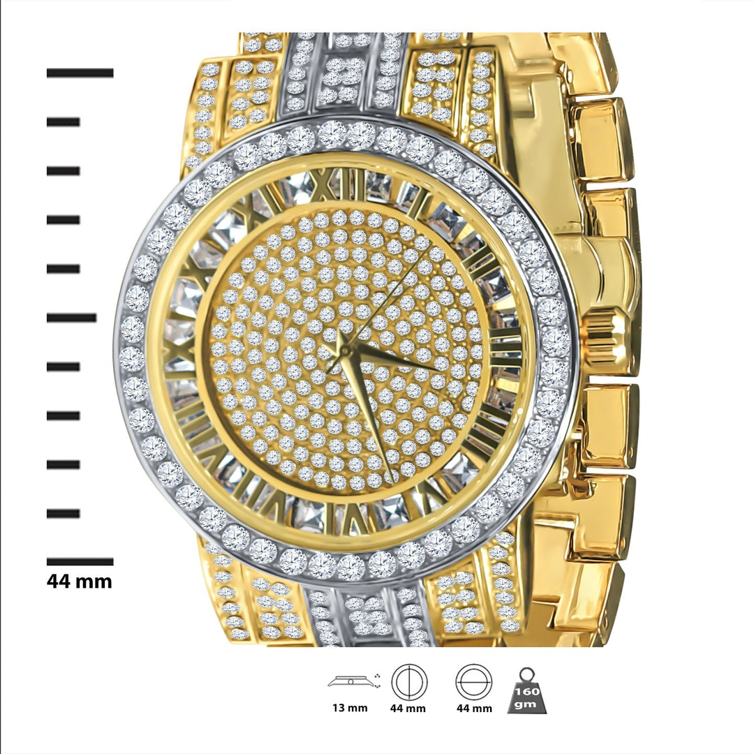 44mm Two Tone Iced CZ Watch With Matching Bracelet Set