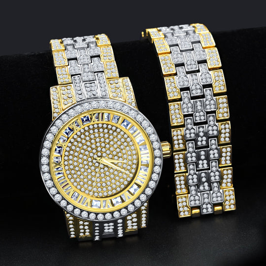 44mm Two Tone Iced CZ Watch With Matching Bracelet Set