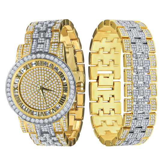 44mm Two Tone Iced CZ Watch With Matching Bracelet Set