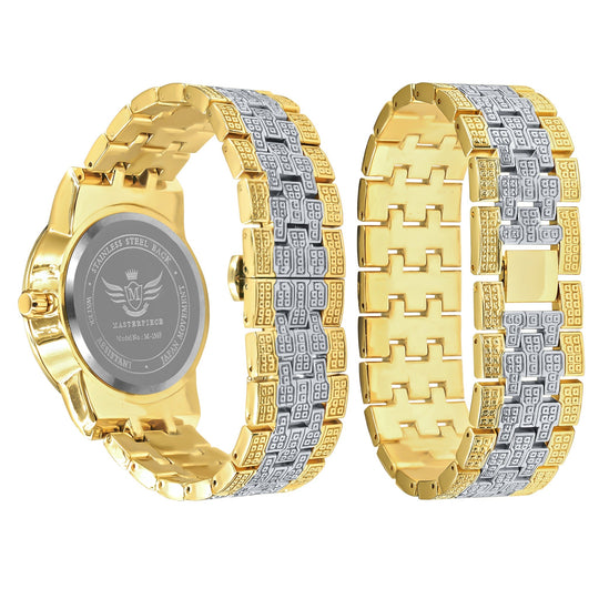 44mm Two Tone Iced CZ Watch With Matching Bracelet Set