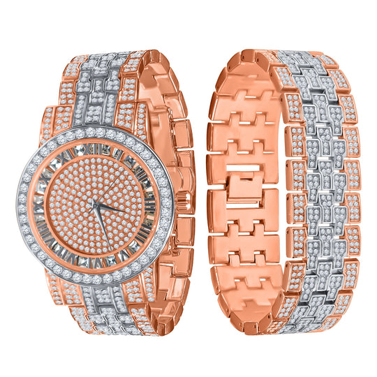 44mm Two Tone Pave CZ Luxury Watch And Bracelet Set