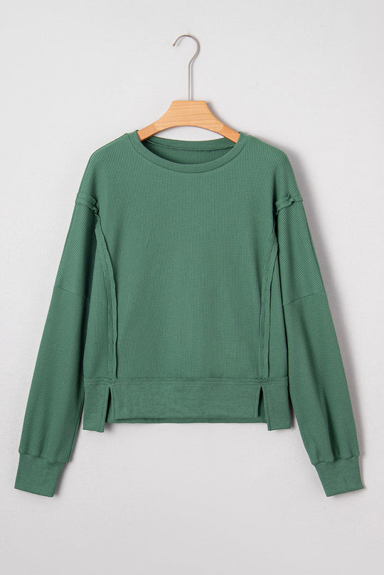 Solid Ribbed Raw Seam Patchwork Drop Shoulder Sweatshirt