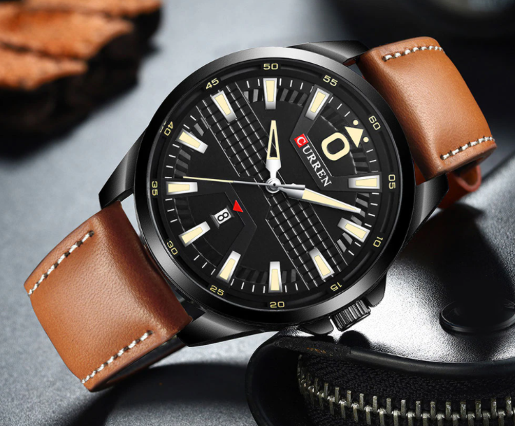 47mm Chronograph Leather Watch With Date Brown Strap