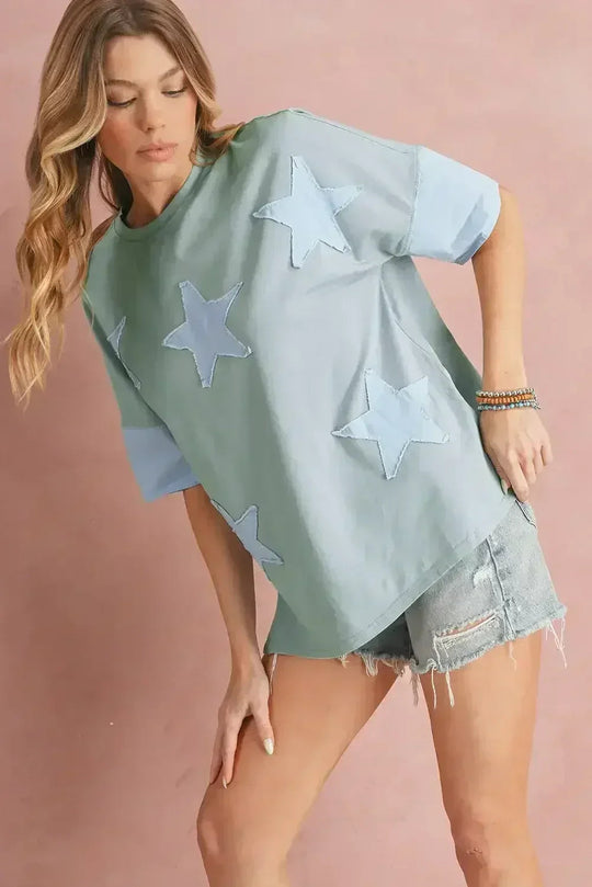 Aruba Blue Frayed Star Patched 4th of July Oversize T Shirt
