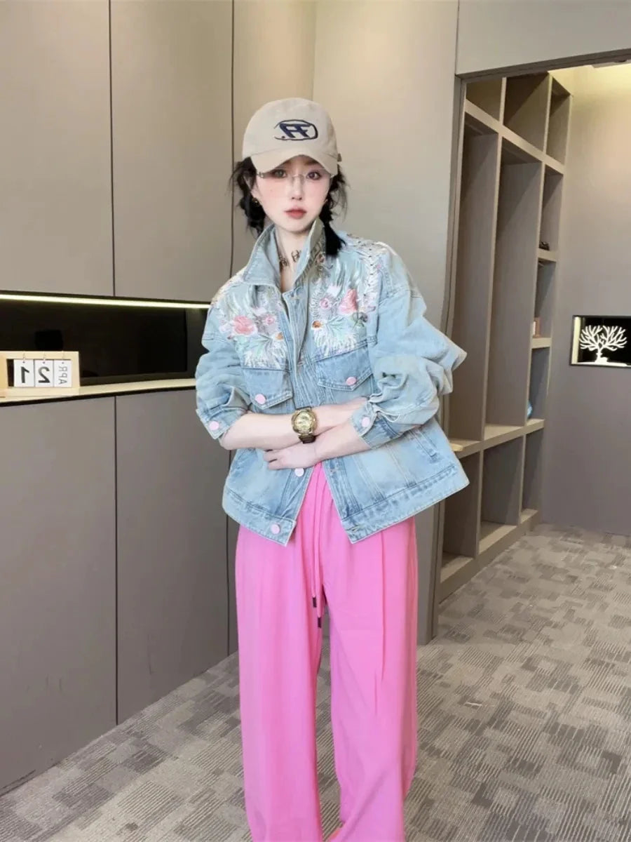 Spring Autumn Short Denim Jacket 2025 New Women's Embroidery Denim Outwear Chinese Style Women Denim Coat Women Loose Jeans Coat