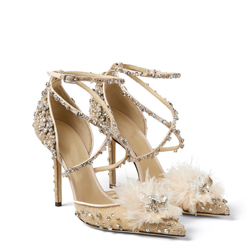 Nude Lace Rhinestone Floral Pumps Heels for Women