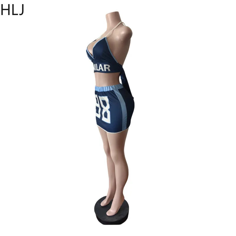 HLJ Blue Sexy Y2K Letter Printing Mini Skirts Two Piece Sets Women Halter V Neck Bangage Slim Crop Top And Skirts Outfits 2025