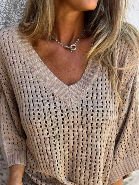 Full Size Openwork V-Neck Knit Cover Up Plus Size