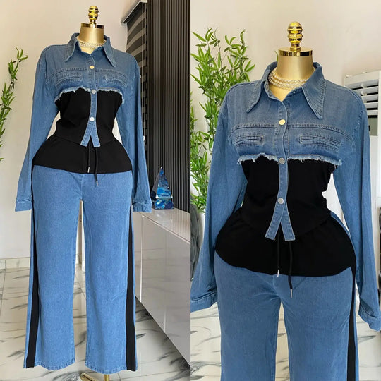 Two Piece Sets Women Pant Set Denim Splice Matching Sets Spring Top Wide Leg Long Pants Casual Loose Lace Up High Waist Jogger