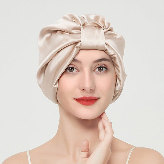 Double layer elastic simulation silk beauty makeup satin knotted hair care home French nightcap