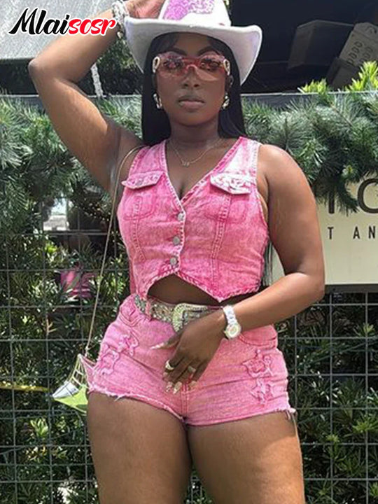 Mlaiscsr Pink Stretch Denim Sexy 2 Piece Club Outfit Women Sets V-Neck Vest Crop Tops and Embroidered Shorts Suit Y2k Streetwear