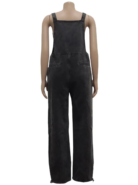 Wmstar Women's Jumpsuit Denim Cargo Pockets One Piece Outfits Wide Leg Black Fashion Streetwear Romper Wholesale Dropshipping