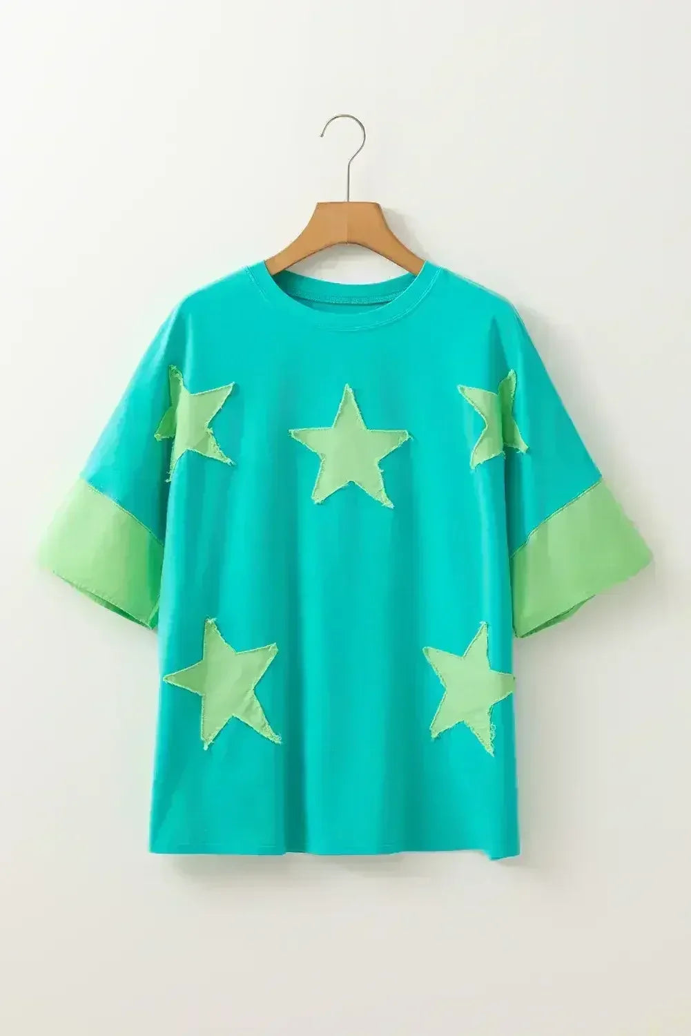 Aruba Blue Frayed Star Patched 4th of July Oversize T Shirt