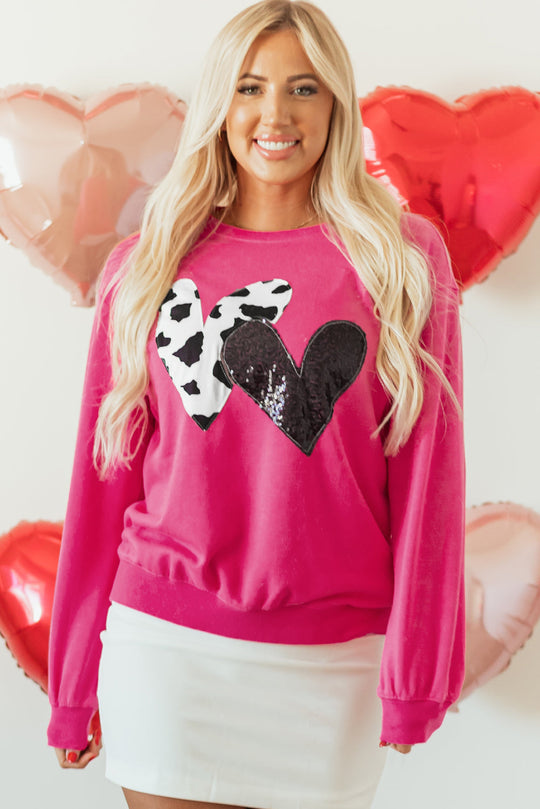 Valentine Heart Sequin and Cow Patchwork Sweatshirt