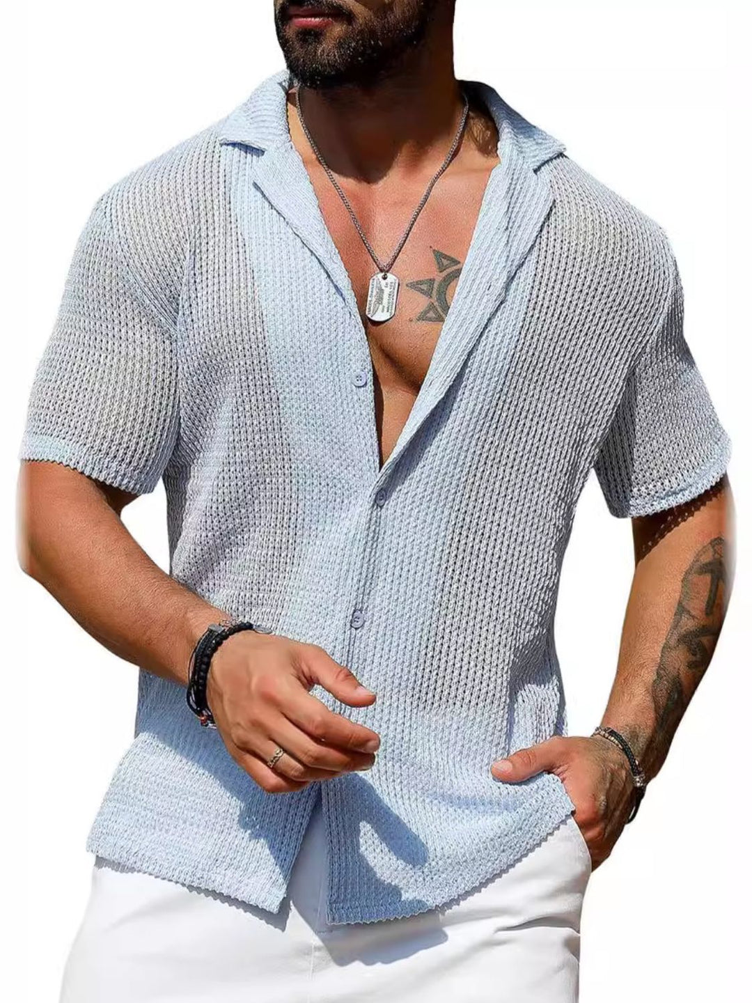 Men's Full Size Openwork Button Down Short Sleeve Shirt Plus Size