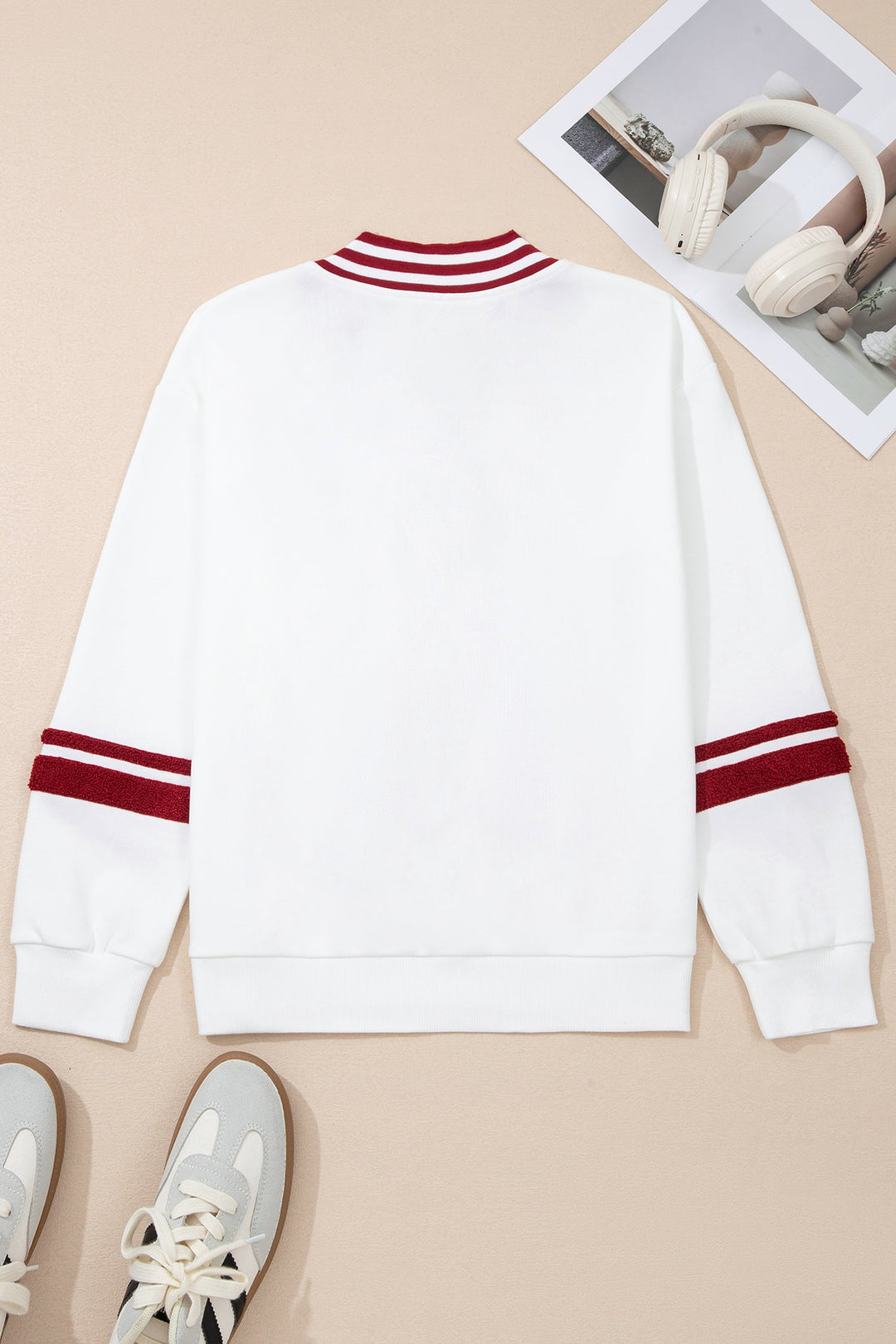 Chenille Varsity Stripe V-Neck Puff Sleeve Sweatshirt