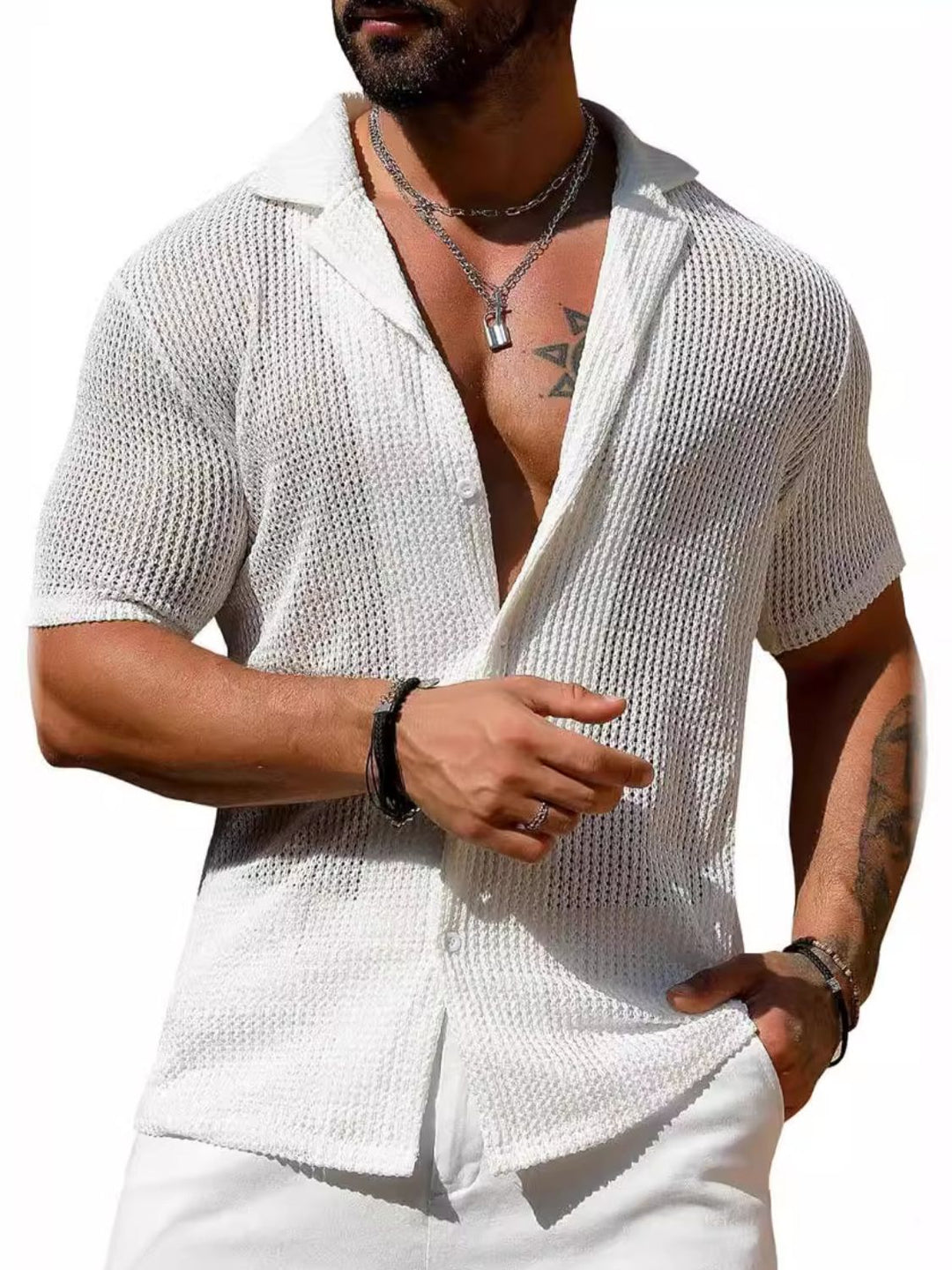 Men's Full Size Openwork Button Down Short Sleeve Shirt Plus Size