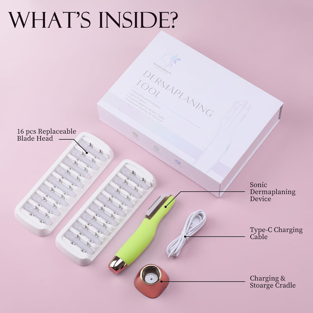 Dermaplane Razor for Women Face, Dermaplaning Tool for Exfoliating and Peach Fuzz, Facial Hair Removal with Sonic Edge Technology Beauty Tool with Wireless Charging & 16 Replaceable Blades(Green)