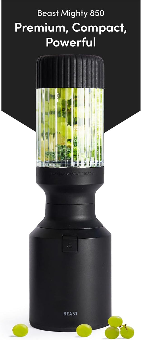 Beast Mighty 850 Plus | Premium Compact Personal Blender | Smoothies, Shakes, Dressings, Sauces | Blends Ice and Frozen Fruit | New XL Vessel | Extra Vessels, Lids and Straws | 850W (Carbon Black)