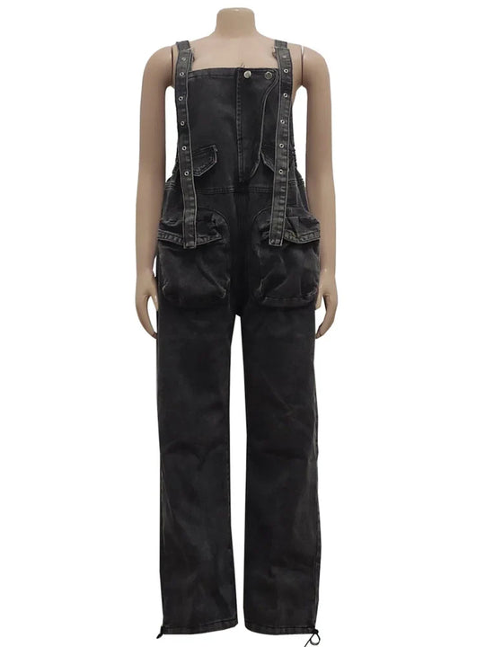 Wmstar Women's Jumpsuit Denim Cargo Pockets One Piece Outfits Wide Leg Black Fashion Streetwear Romper Wholesale Dropshipping