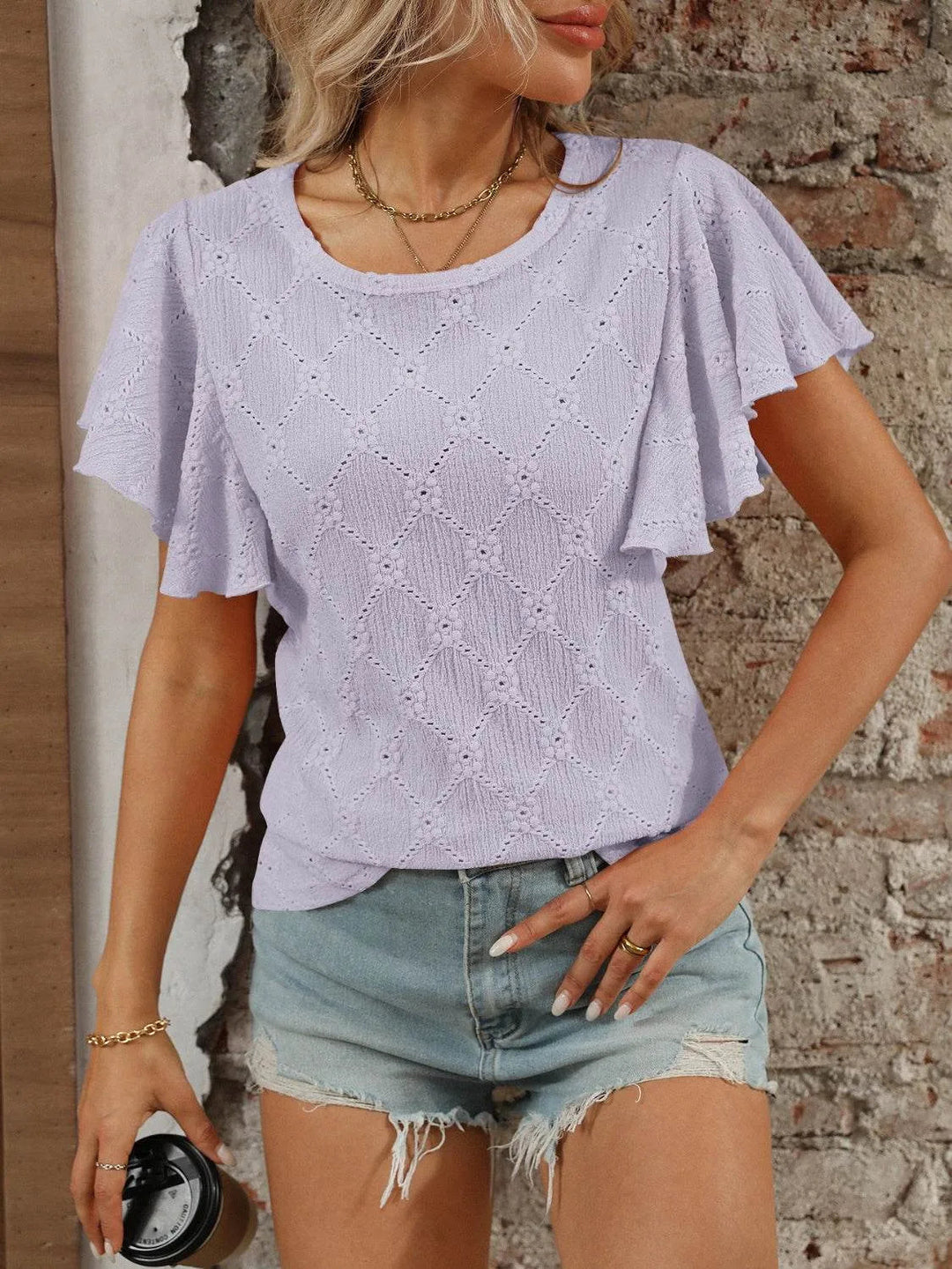 Eyelet Round Neck Flutter Sleeve Top