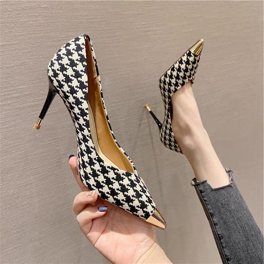 Women's Plaid Pointed Toe Stiletto Pumps High Heels