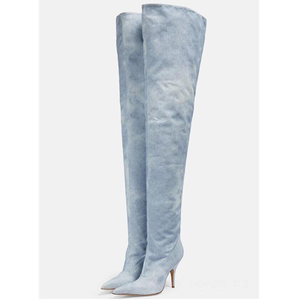 Women's Ultra-High Heel Denim Pointed Toe Catwalk Knee Boots