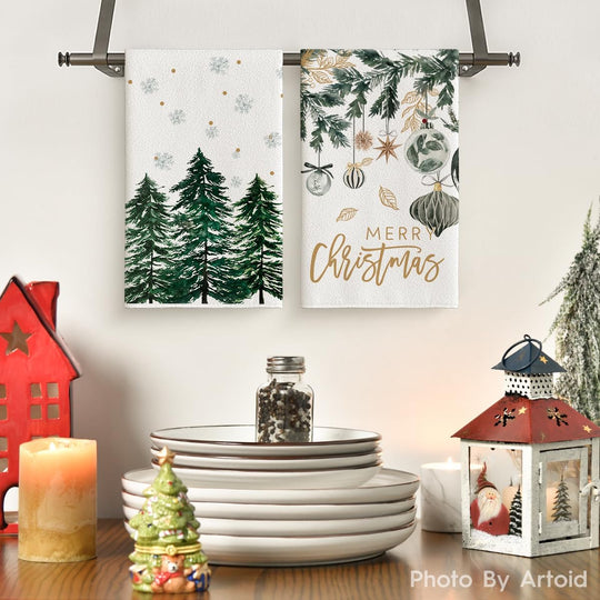 Artoid Mode Green Xmas Tree Ornament Christmas Kitchen Towels Dish Towels, 18x26 Inch Farmhouse Holiday Snowflake Winter Decoration Cleaning Set of 4