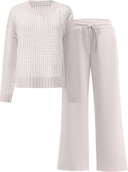ANRABESS Womens 2 Piece Outfits Crochet Sheer Knit Sweater Top Wide Leg Pants Lounge Sets Sweatsuit 2025 Fall Travel Clothes