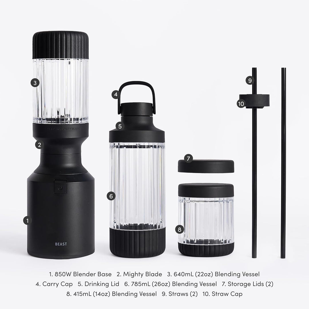 Beast Mighty 850 Plus | Premium Compact Personal Blender | Smoothies, Shakes, Dressings, Sauces | Blends Ice and Frozen Fruit | New XL Vessel | Extra Vessels, Lids and Straws | 850W (Carbon Black)