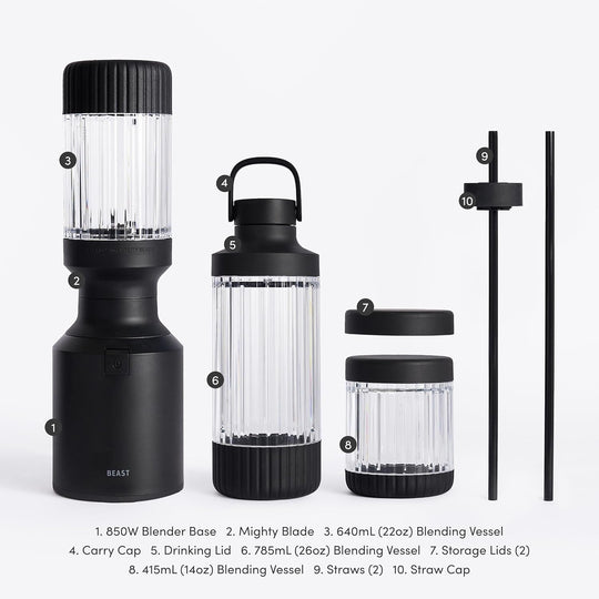 Beast Mighty 850 Plus | Premium Compact Personal Blender | Smoothies, Shakes, Dressings, Sauces | Blends Ice and Frozen Fruit | New XL Vessel | Extra Vessels, Lids and Straws | 850W (Carbon Black)
