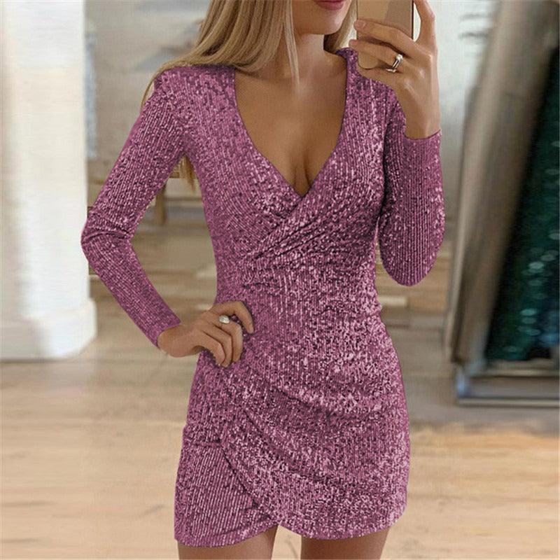 "Elegant V-Neck Sequin Mini Dress – Sexy Tight Fit Party Dress, Glamour for Women"