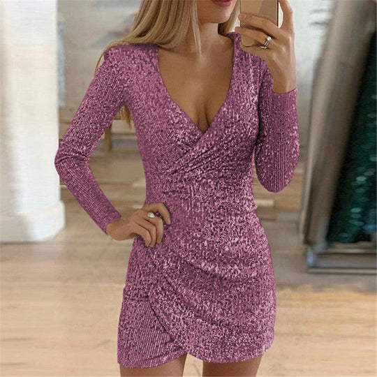 "Elegant V-Neck Sequin Mini Dress – Sexy Tight Fit Party Dress, Glamour for Women"