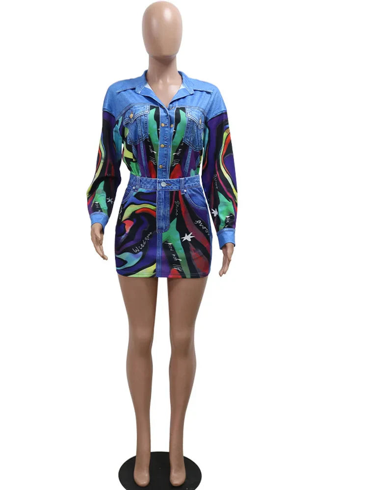 Beyprern Lux Denim Effect Set Women's Print Long Sleeve Colorful Blouse Top And Skirt Set Two-Piece Dress Outfits Night Clubwear