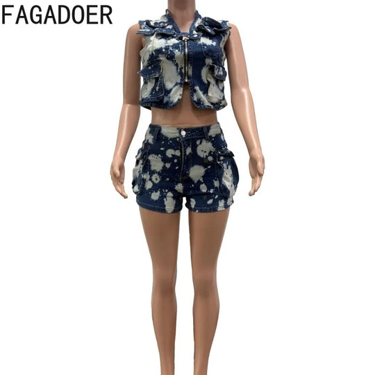 FAGADOER Fashion Printed Denim 2 Pieces Set for Woman Sleeveless Zip Cargo Pocket Jacket Patchwork Crop and Shorts Jeans Outfits