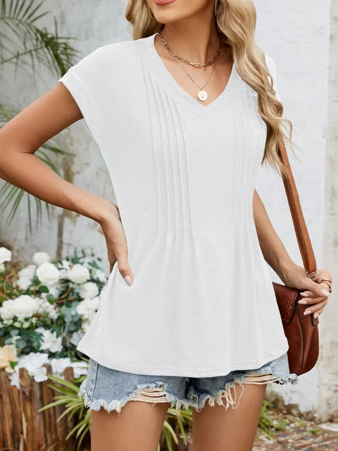 Casual V-Neck Pleated Front T-Shirt