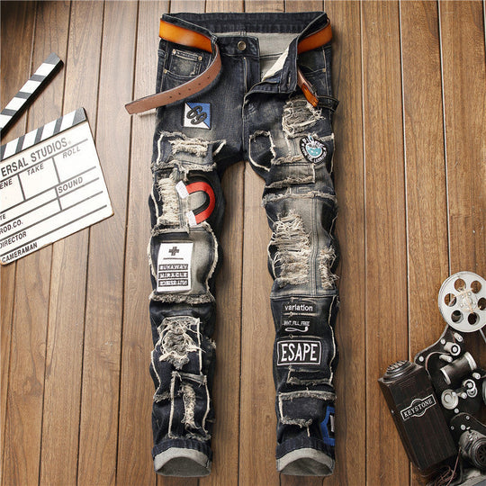 Men's Ripped Badge Streetwear Fashion Designer Pants