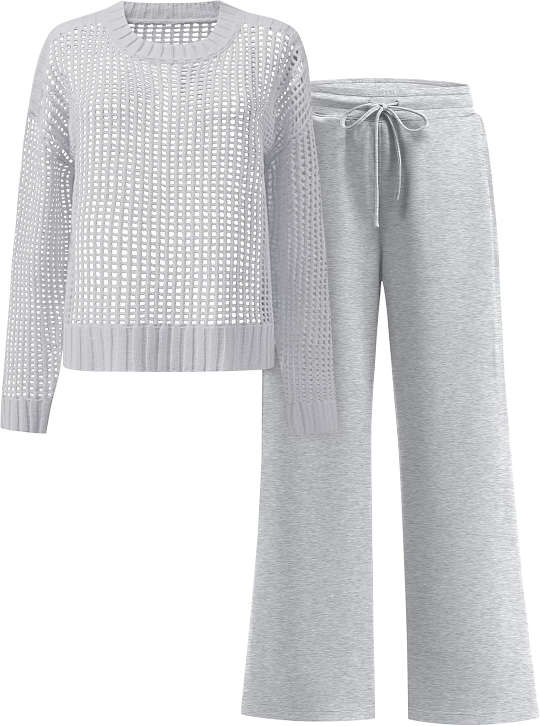 ANRABESS Womens 2 Piece Outfits Crochet Sheer Knit Sweater Top Wide Leg Pants Lounge Sets Sweatsuit 2025 Fall Travel Clothes
