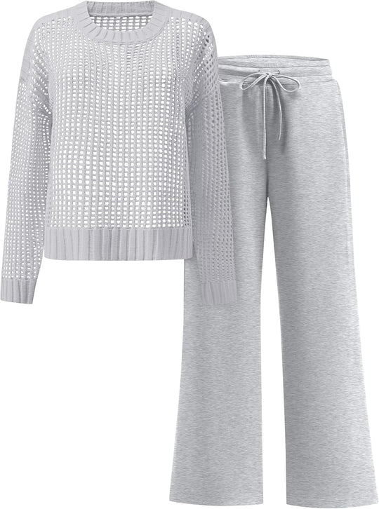 ANRABESS Womens 2 Piece Outfits Crochet Sheer Knit Sweater Top Wide Leg Pants Lounge Sets Sweatsuit 2025 Fall Travel Clothes