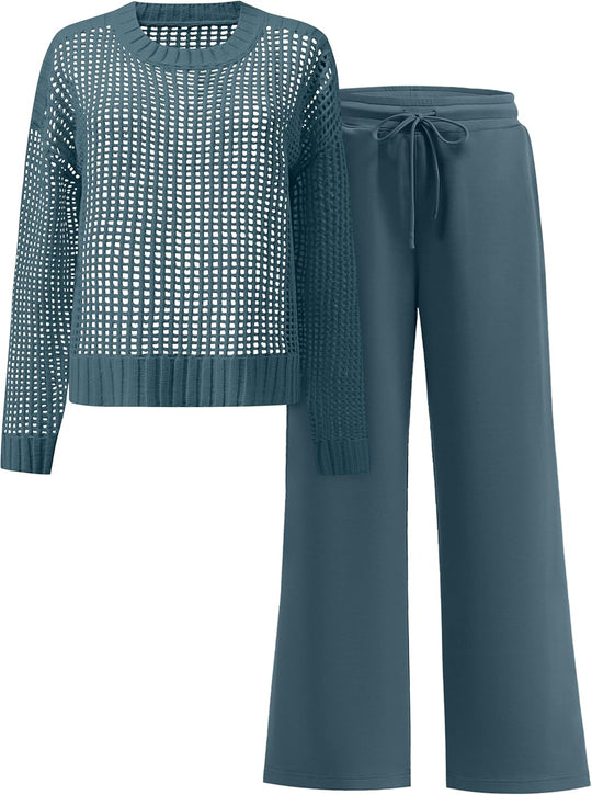 ANRABESS Womens 2 Piece Outfits Crochet Sheer Knit Sweater Top Wide Leg Pants Lounge Sets Sweatsuit 2025 Fall Travel Clothes