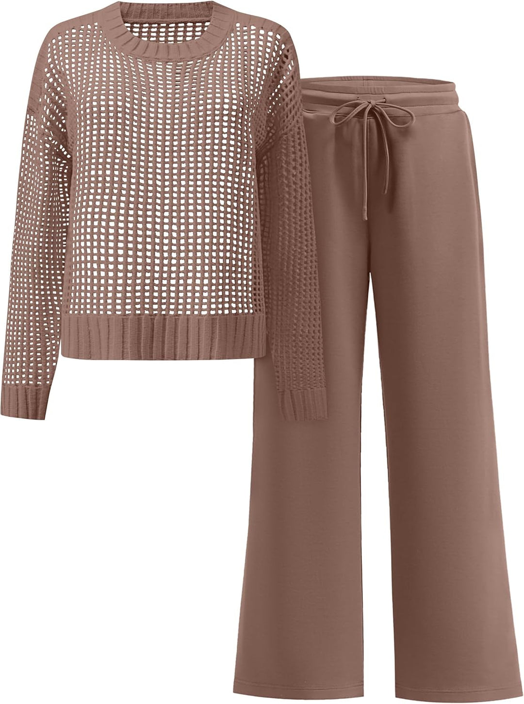 ANRABESS Womens 2 Piece Outfits Crochet Sheer Knit Sweater Top Wide Leg Pants Lounge Sets Sweatsuit 2025 Fall Travel Clothes