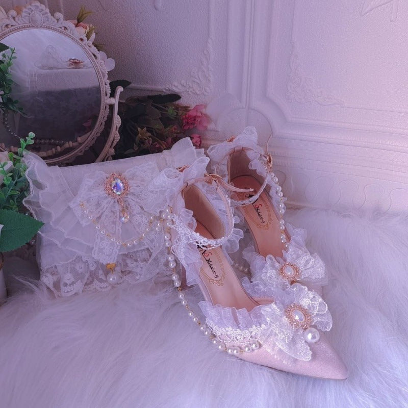 Embroidered Lolita Style Pointed Toe Wedding High Heels Europe And America