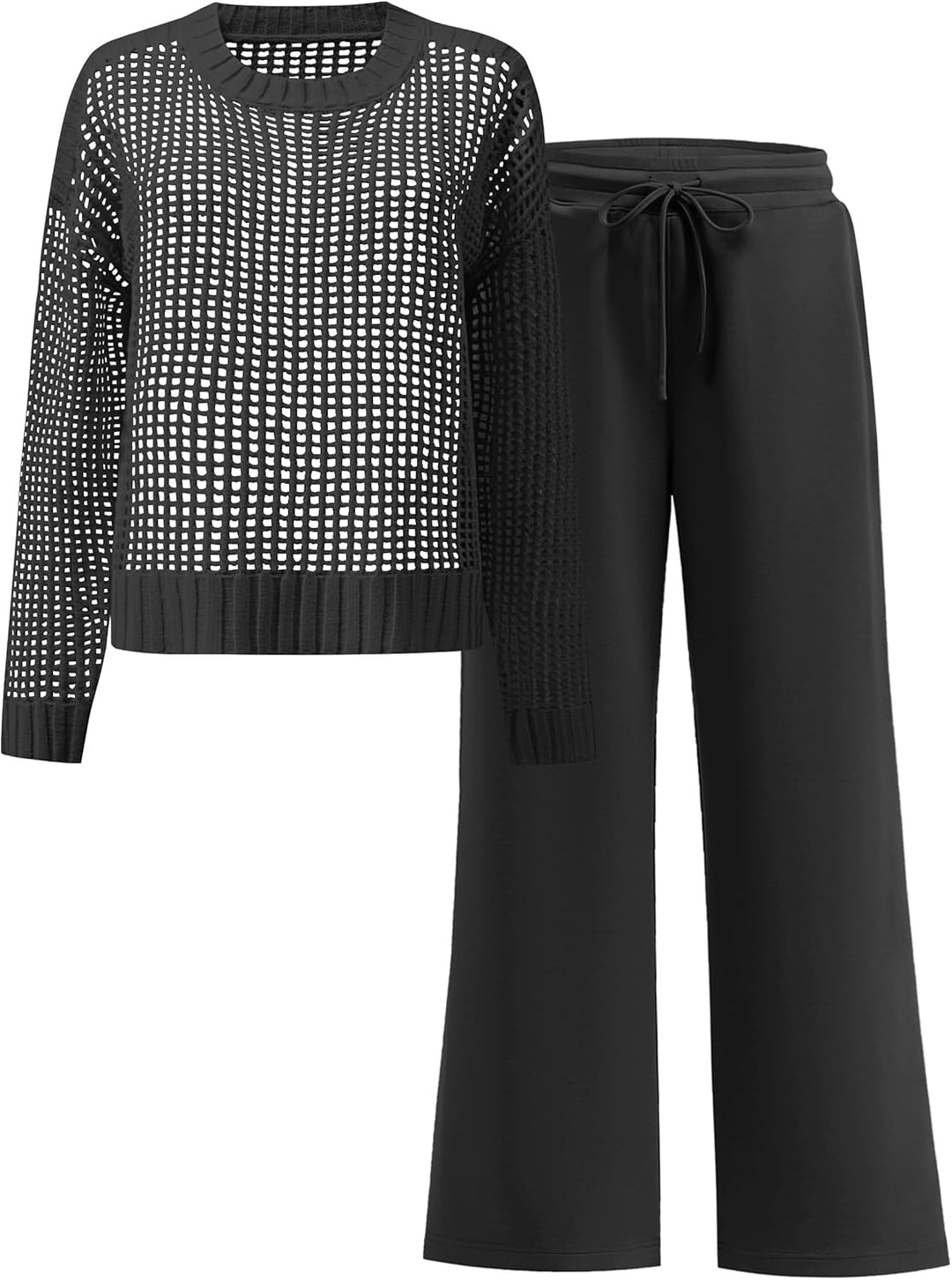 ANRABESS Womens 2 Piece Outfits Crochet Sheer Knit Sweater Top Wide Leg Pants Lounge Sets Sweatsuit 2025 Fall Travel Clothes