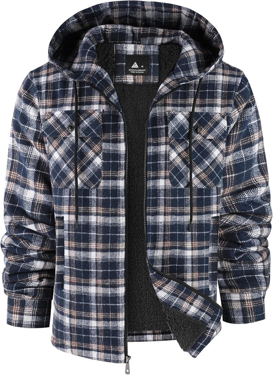 SCODI Mens Flannel Hooded Jacket Sherpa Lined Zip Up Hoodies for Men Plaid Shirt Jackets Warm Thick Fleece Coat with Pocket