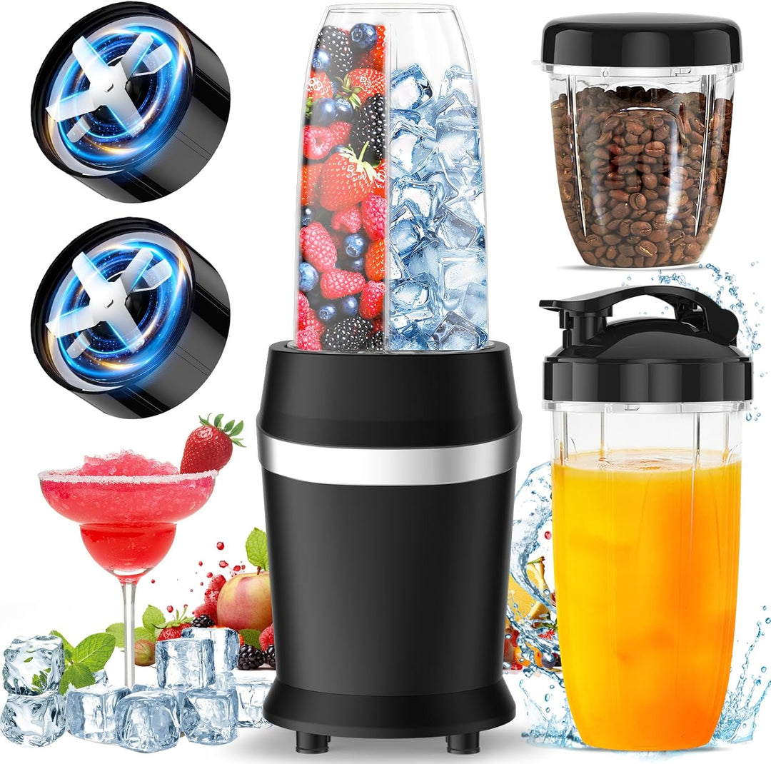 12-Piece Smoothie Blender Maker 25,000 RPM Personal Blender for Ice Crushing Smoothies & Frozen Drinks Nuts with 23oz, 32oz, 37oz Portable Cups Two 6-Leaf Stainless Steel Blades, Silver